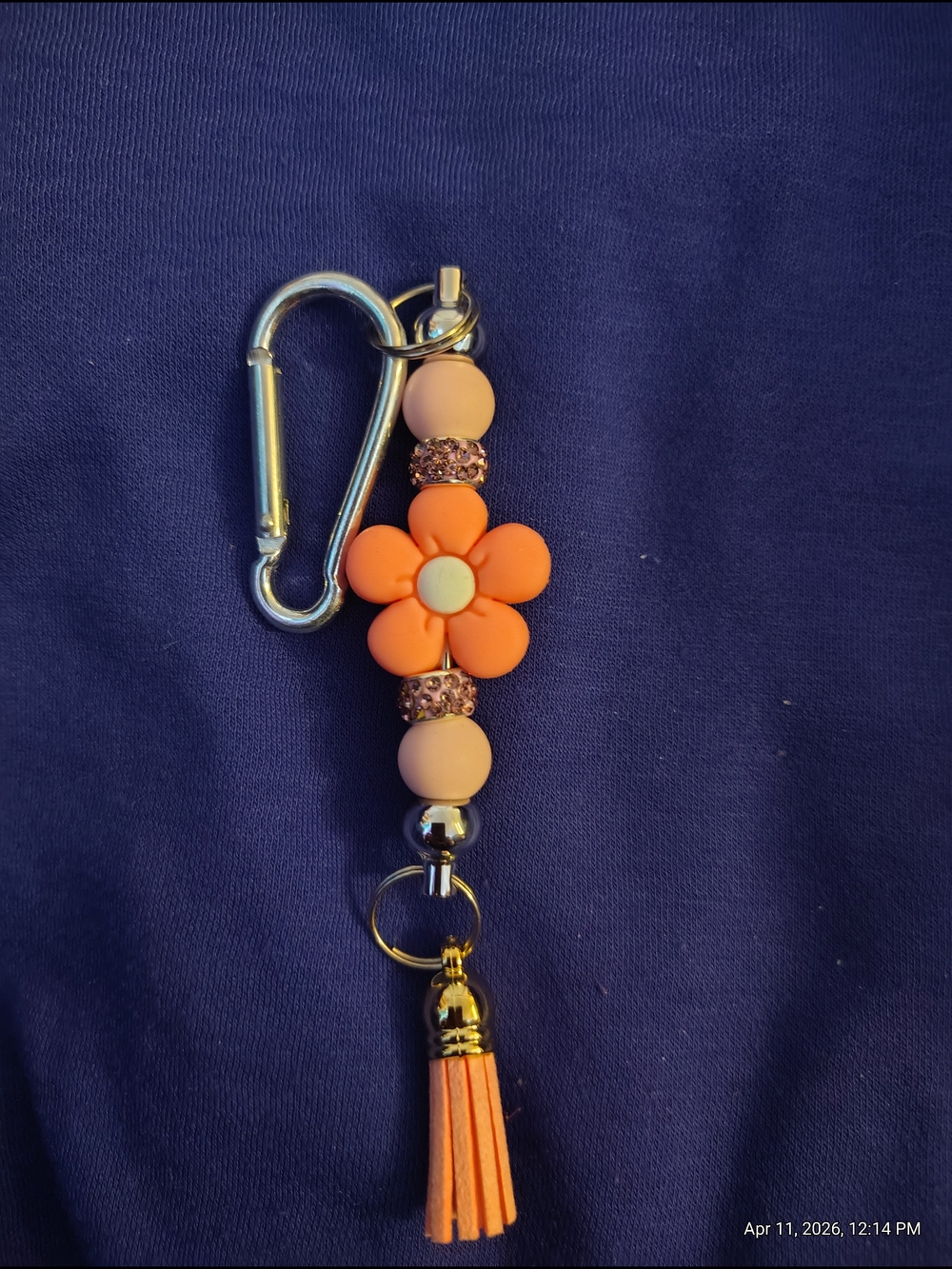Pink Orange Floral Bead Keychain with Tassel
